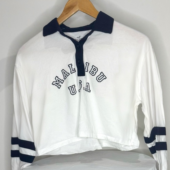 Hollister Malibu USA Cropped Rugby Polo Long Sleeve Shirt - White & Navy - Picture 1 of 4